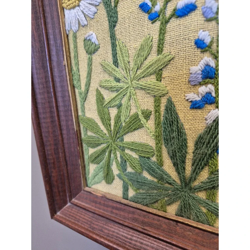 Vintage Crewel Embroidery Framed Art Seagull Wildflowers Jonathan Livingston 70s